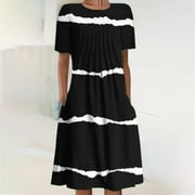 DYEGOLD USSUMA Womens Sundresses Summer Casual Boho Pleated Knee Length Swing Aline Midi Party Beach Dress Floral Print Short Sleeve Sun dresses for Women Plus Crewneck Dresses Vacation