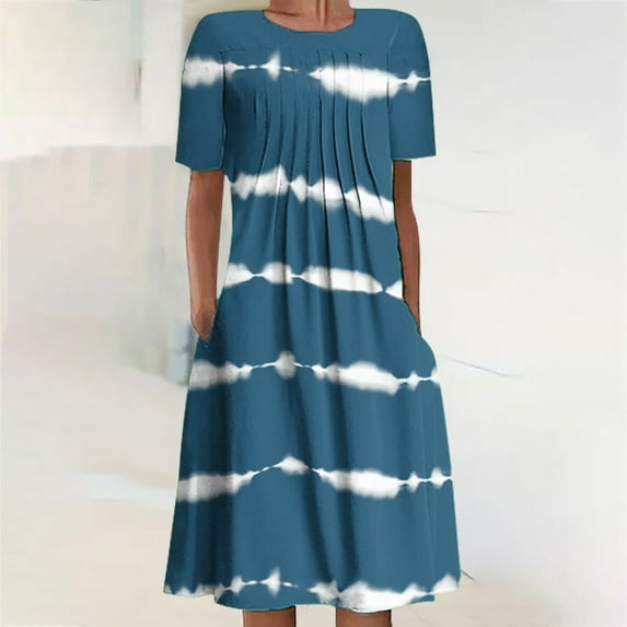 USSUMA Womens Sundresses Summer Casual Boho Pleated Knee Length Swing Aline Midi Party Beach Dress Floral Print Short Sleeve Sun dresses for Women Plus Crewneck Dresses Vacation