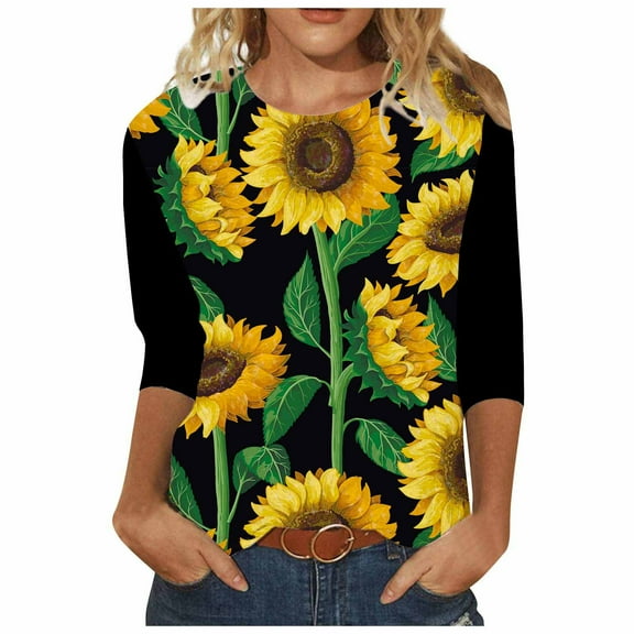 USSUMA Womens Sunflower Printed Blouse Casual 3/4 Sleeve Tunic Tops Shirt Loose Comfy Henley T Shirts