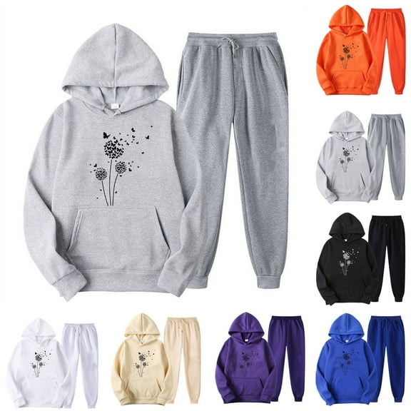 USSUMA Womens Sweat Suit Hoodies Woman Long Sleeved Pullover Sweatpant Outfits Pocket Drawstring Print Tracksuit Elastic Waist Casual Jogger Sets Oversized Weekend Fall Suit