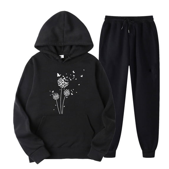 USSUMA Womens Sweatsuit Hoodie for Women Long Sleeved Pullover Sweatpant Outfits Pocket Drawstring Print Tracksuit Elastic Waist Fashion Jogger Sets Oversized Hiking Fall Suit