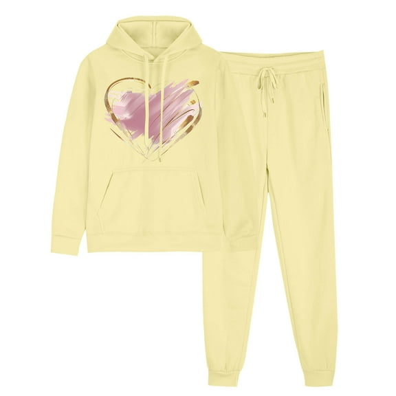 USSUMA Womens Sweatsuit Hoodies for Woman Long Sleeved Pullover Sweatpant Outfits Pocket Drawstring Print Tracksuit Stretchy Waist Trendy Jogger Sets Plus Size Outdoor Fall Suit