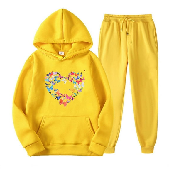 USSUMA Womens Sweatsuit Hoodies Women Long Sleeved Pullover Sweatpant Outfits Pocket Drawstring Print Tracksuit Elastic Waist Fashion Jogger Sets Oversized Mountaineering Fall Suit