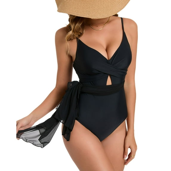 USSUMA Womens Swimsuits Solid Color One Piece Swimsuit Backless Swimsuits with Pad Spaghetti Strap Mesh Comfy Womens Bikini for Casual Black Holiday Savings