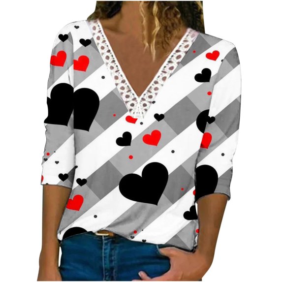 USSUMA Womens T-Shirts Floral Print Western Shirts for Women Long Sleeves V-Neck Plus Size Womens Lace Tops