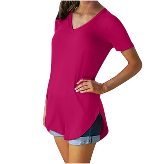 USSUMA Womens Tank Tops Fashion Woman V-Neck Short Sleeve Tops T-Shirt Summer Solid Loose Blouse Trendy Festival Gift Hot Pink Polyester XL