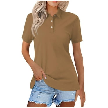 USSUMA Womens Tank Tops Fashion Women's Casual Comfortable Solid Short Sleeved Turndown Collar Button Blouse T-Shirt Top Casual Breathable Khaki Polyester Reduced Price M