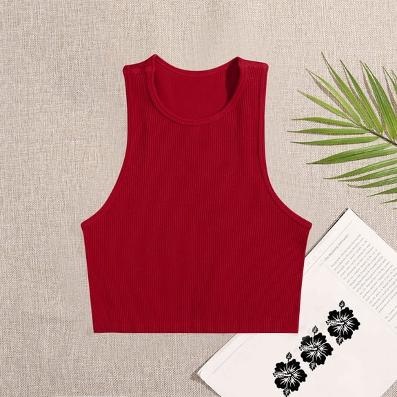 USSUMA Womens Tank Tops Plus Size Tops for Women Women's Round-Neck Tight Sleeveless Solid Color Camisoles Sports Yoga Elastic Tank Tops Summer Saving Womens Tops Solidcolor