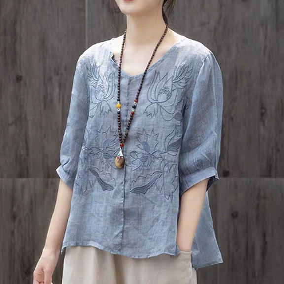 USSUMA Womens Tank Tops Womens Spring Summer Solid Color Casual Loose Fashion T-Shirt Five-point Sleeve V-Neck Embroidery Tops Cotton And Linen Blouse Casual Festive Fashion Blue Cotton XXL