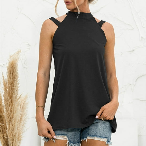 USSUMA Womens Tank Tops Summer Tops for Women 2025 Women Casual Solid Color Sleeveless Sexy Off-The-Shoulder Slim Tank Top T-Shirt Online Shopping Womens Tops Solidcolor