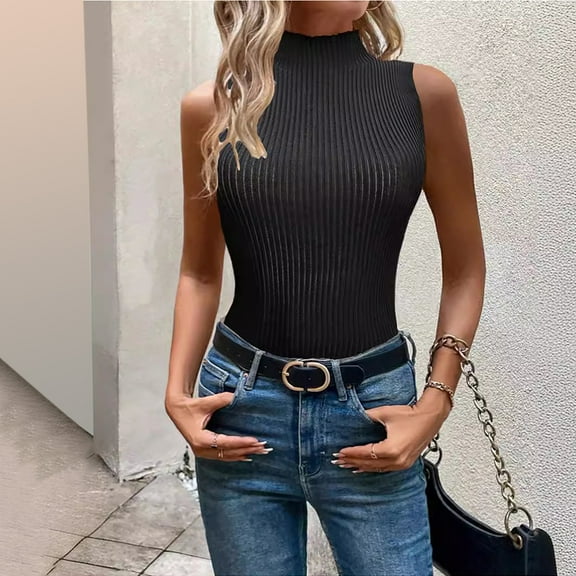 USSUMA Womens Tank Tops Womens Summer Tops Women's Casual and Fashionable Solid Color High Neck Top Round Neck Sleeveless Garment Summer Saving Womens Tops Solidcolor