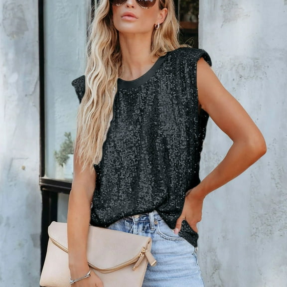 USSUMA Womens Tank Tops Tops for Women Trendy Women's Summer Casual Round Neck Sleeveless Sequin Tanks Vest Festive Fashion Womens Tops Solidcolor