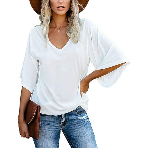USSUMA Womens Tank Tops Women Casual V-Neck Solid Three Quarter Sleeve Tops Blouse T-Shirt Leisure White Polyester M