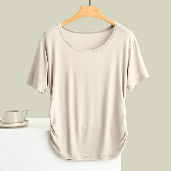 USSUMA Womens Tank Tops Women'S Casual Fashionable Solid Color Short Sleeved Comfy Round Neck Top Casual Comfortable Up to 50% off Beige Cotton XXl