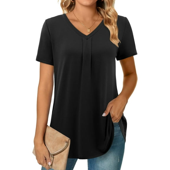 USSUMA Womens Tank Tops Women'S Casual Solid Color V-Neck Pullover Short Sleeved Top Lounging Up to off Black Polyester L