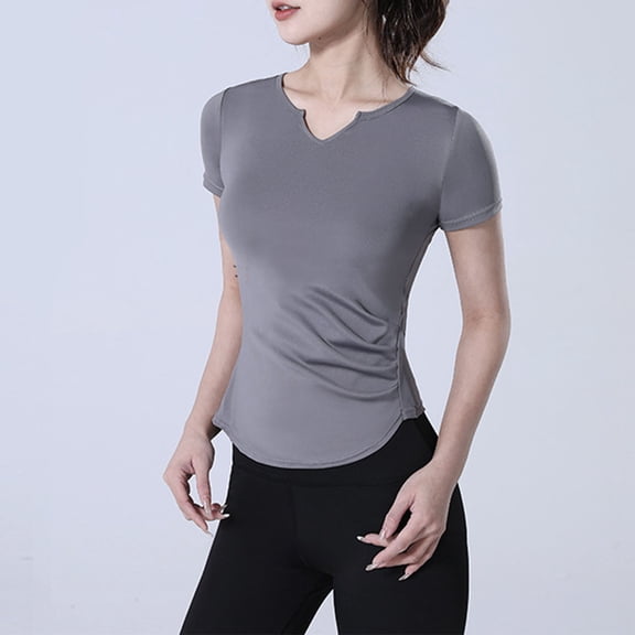 USSUMA Womens Tank Tops Women'S Short Yoga Top Elastic Sports Tight Fitting Short Sleeved Round Neck Top/Shirt Casual Windproof Festival Gift Gray Polyester Xl