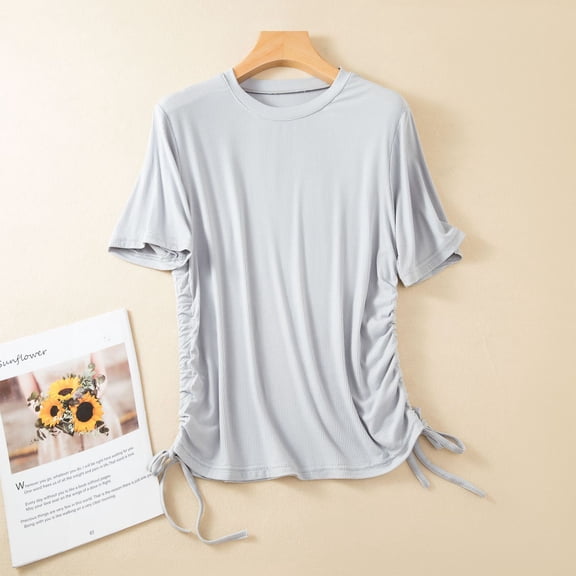 USSUMA Womens Tank Tops Women'S Solid Round Neck Threaded Cotton Slim Fitting Drawstring Top Short Sleeved Round Neck Top/Shirt Trendy Windproof Holiday Gift Finder Gray Xl