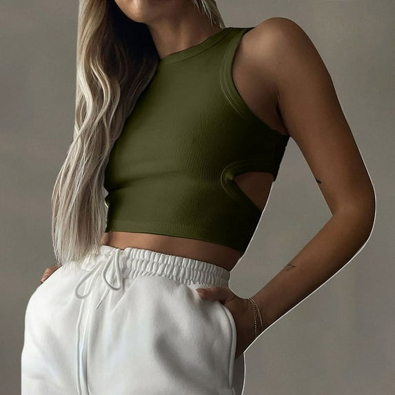 USSUMA Womens Tank Tops Tops for Women Trendy Women's Summer Sports Short Solid Color Navel-Baring Hollow Sleeveless Knitted Round Neck Tops Holiday Saving Womens Tops Solidcolor