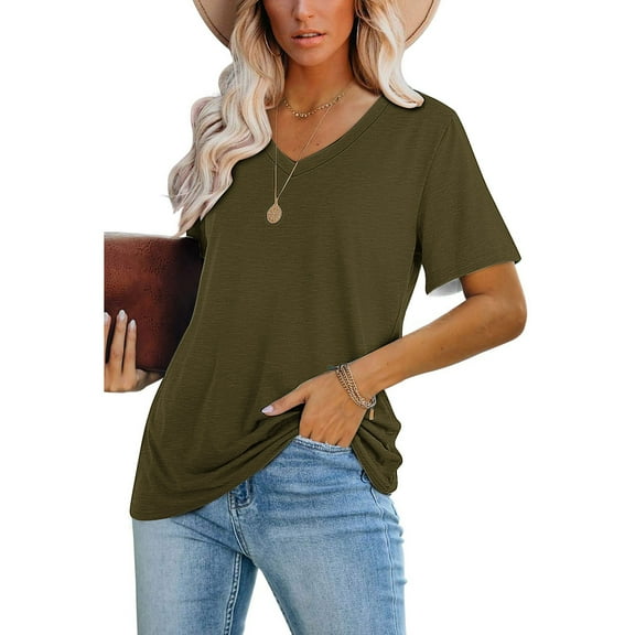 USSUMA Womens Tank Tops Women's Casual Blouses Solid Color T-Shirt Short Sleeved V-Neck Top Trendy Holiday Gift Finder Army Green Polyester L