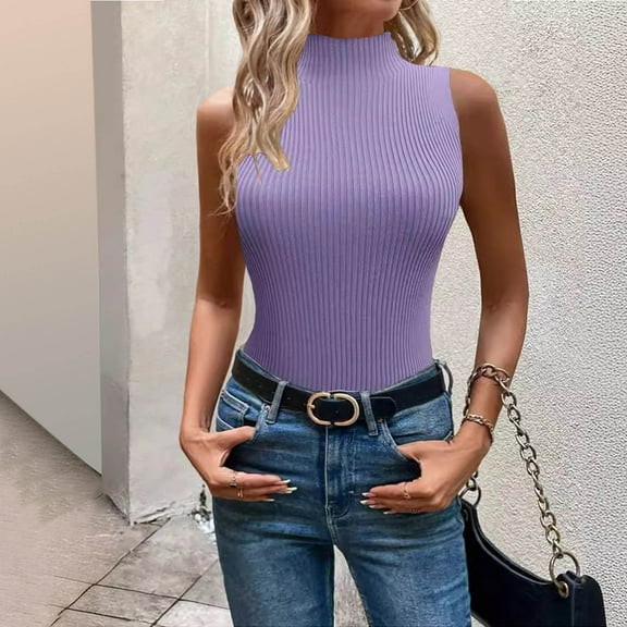 USSUMA Womens Tank Tops Womens Tops Women's Casual and Fashionable Solid Color High Neck Top Round Neck Sleeveless Garment My Order Womens Tops Solidcolor
