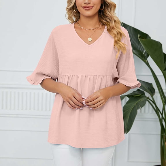 USSUMA Womens Tank Tops Women's Fashion Casual Short Sleeve Buttons Comfortable Solid Color Tops Blouse Casual Tax Free Weekend Pink Polyester XXL