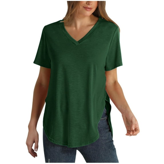 USSUMA Womens Tank Tops Women's Fashion Solid V-Neck Short Sleeves Casual T-Shirt Top Vintage Deals Green Polyester XL