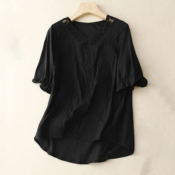 USSUMA Womens Tank Tops Womens Spring Summer Printed Embroidery Casual Loose T-Shirt Short Sleeve V-Neck Tops Linen Blouse lounging My Order Black cotton L