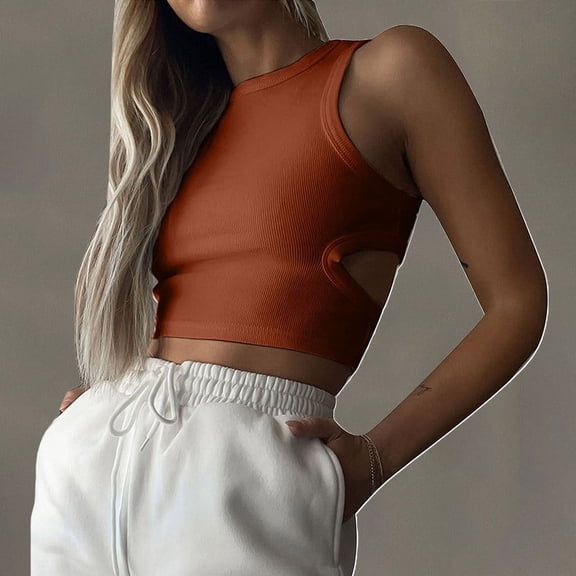 USSUMA Womens Tank Tops Womens Tank Tops Women's Summer Sports Short Solid Color Navel-Baring Hollow Sleeveless Knitted Round Neck Tops Womens Tops Solidcolor