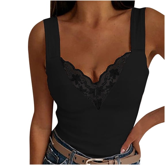 USSUMA Womens Tops Dressy Casual Fashion Shirts Sexy Womens V-Neck Summer Tops Patchwork Solid Lace Short Camis Tops Vest Ladies Tops Trendy