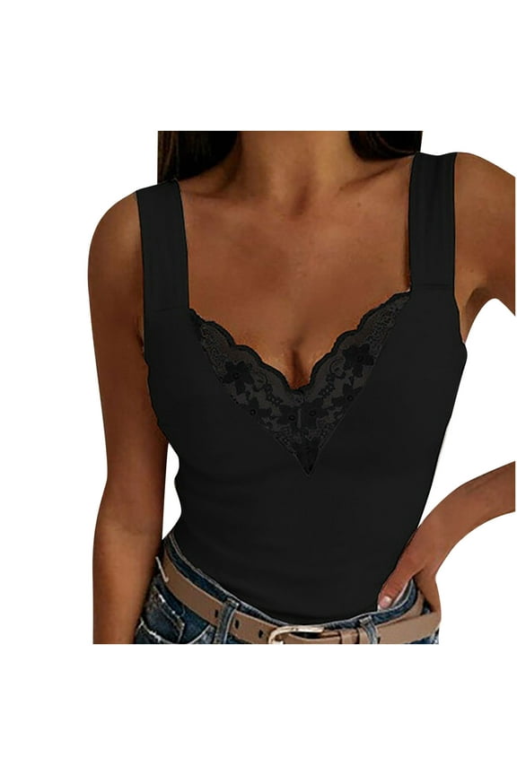 USSUMA Womens Tops Dressy Casual Fashion Shirts Sexy Womens V-Neck Summer Tops Patchwork Solid Lace Short Camis Tops Vest Ladies Tops Trendy