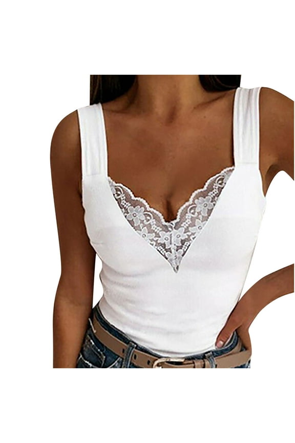 USSUMA Womens Tops Dressy Casual Fashion Shirts Sexy Womens V-Neck Summer Tops Patchwork Solid Lace Short Camis Tops Vest Ladies Tops Trendy