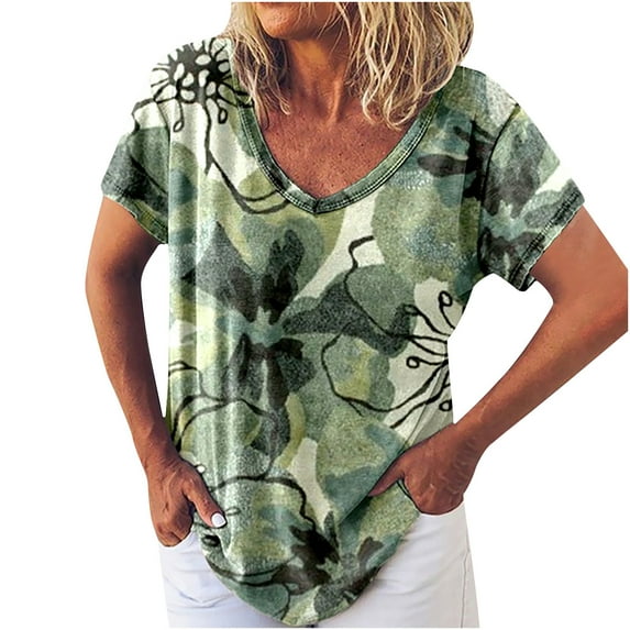 USSUMA Womens Tops Dressy Casual Fashion Shirts Women Summer Short Sleeve Plus Tunics T-Shirts Print V-Neck Summer Tops Casual Blouse Tops Ladies Tops Trendy