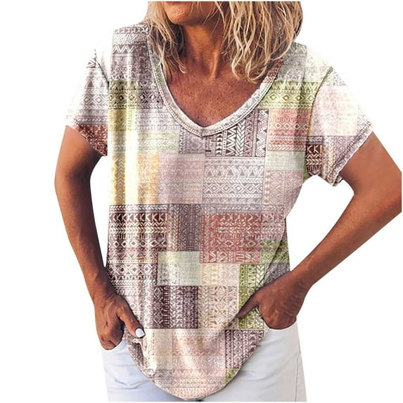 USSUMA Womens Tops Dressy Casual Fashion Shirts Women Summer Short Sleeve Plus Tunics T-Shirts Print V-Neck Summer Tops Casual Blouse Tops Ladies Tops Trendy