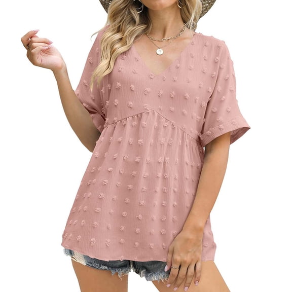 USSUMA Womens Tops Dressy Casual Fashion Woman Causal V-Neck Solid Blouse Short Sleeve T-Shirt Summer Tops Casual up to 4 Off Pink Polyester XL