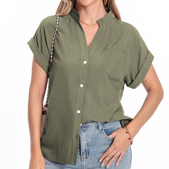 USSUMA Womens Tops Dressy Casual Fashion Women's Casual Solid V-Neck Pocket Short Sleeved Top Blouse Elegant Online Shopping Army Green Polyester S