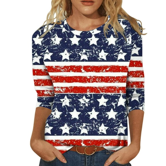 USSUMA Womens Plus Tops and T-Shirts Womens Summer Tops, 4th of July Shirts for Women 3/4 Sleeve T Shirts Summer Loose Tunic Casual Tops 2022 Beach