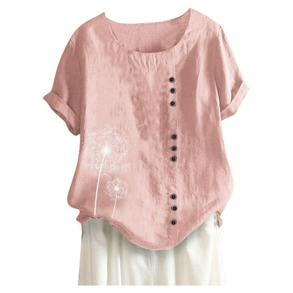 USSUMA Womens Tops Dressy Casual Summer Plus Size Blouses for Women Cotton Linen Tops Round Neck Comfy Tops Dandelion Print Buttons Decors Dressy Shirt