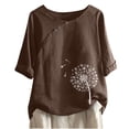 thumbnail image 1 of USSUMA Womens Tops Dressy Casual Summer Short Sleeve Dandelion Print Shirts for Women Trendy Cotton Linen Graphic Button Round Neck T-Shirts Blouses for Women Plus Tunic, 1 of 5