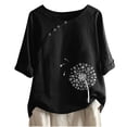 thumbnail image 1 of USSUMA Womens Tops Dressy Casual Summer Short Sleeve Dandelion Print Shirts for Women Trendy Cotton Linen Graphic Button Round Neck T-Shirts Blouses for Women Plus Tunic, 1 of 4