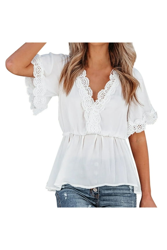 USSUMA Womens Tops Dressy Casual Summer Short Sleeve Floral Lace Shirts for Women Trendy Smocked Flowy Swing V Neck T-Shirts Blouses for Women Plus Tunic