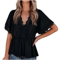 thumbnail image 1 of USSUMA Womens Tops Dressy Casual Summer Short Sleeve Floral Lace Shirts for Women Trendy Smocked Flowy Swing V Neck T-Shirts Blouses for Women Plus Tunic, 1 of 8