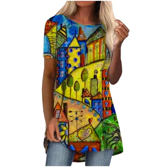 USSUMA Womens Tops Dressy Casual Summer Short Sleeve Horse Print Shirts for Women Trendy Comfy Long Flowy Graphic Crewneck T-Shirts Blouses for Women Plus Tunic
