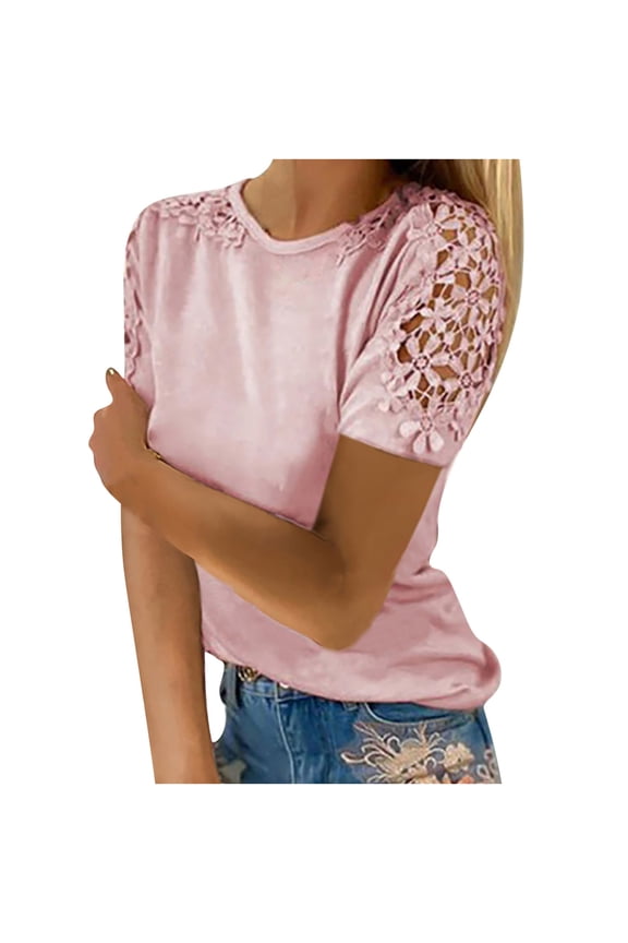 USSUMA Loose Patchwork Summer Tops for Women 2022 Trendy Lace Floral Womens Tunic Tops Crewneck Basic Shirts Tees Short Sleeve Dressy Blouses for Women