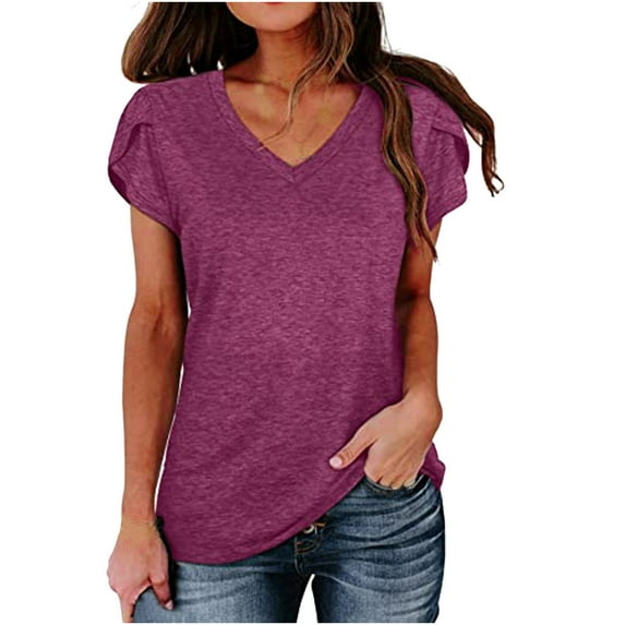 USSUMA Womens Tops Dressy Casual Summer Short Sleeve Solid Color Shirts for Women Trendy Cute Petal Sleeve Loose V Neck T-Shirts Blouses for Women Plus Tunic