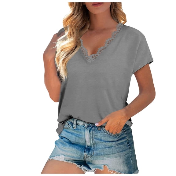 USSUMA Womens Tops Dressy Casual Summer Short Sleeve Solid Color Shirts for Women Trendy Cute Lace Trim V Neck T-Shirts Blouses for Women Plus Tunic