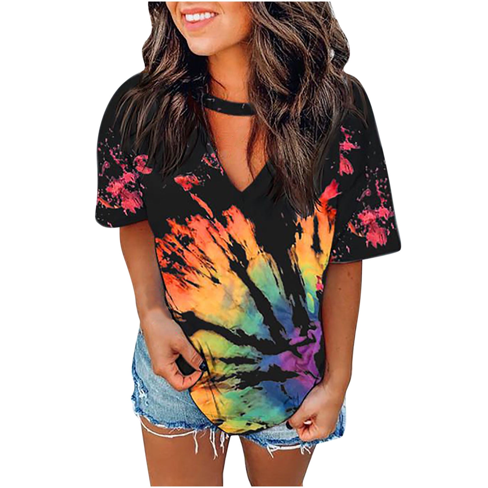 USSUMA Womens Tops Dressy Casual Summer Short Sleeve Tie-dye Shirts for ...