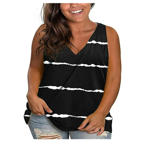USSUMA Womens Tops Dressy Casual Summer Sleeveless Striped Color Block Shirts for Women Trendy Plus Size Flowy Tank Tops V Neck T-Shirts Blouses for Women Plus Tunic