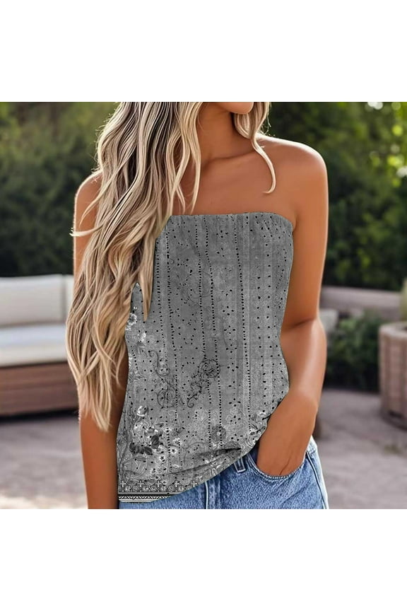 USSUMA Womens Tops Dressy Casual Summer Strapless Tube Tops for Women Butterfly Floral Sleeveless Casual Pleated Flowy Crop Tunic Blouses Shirt