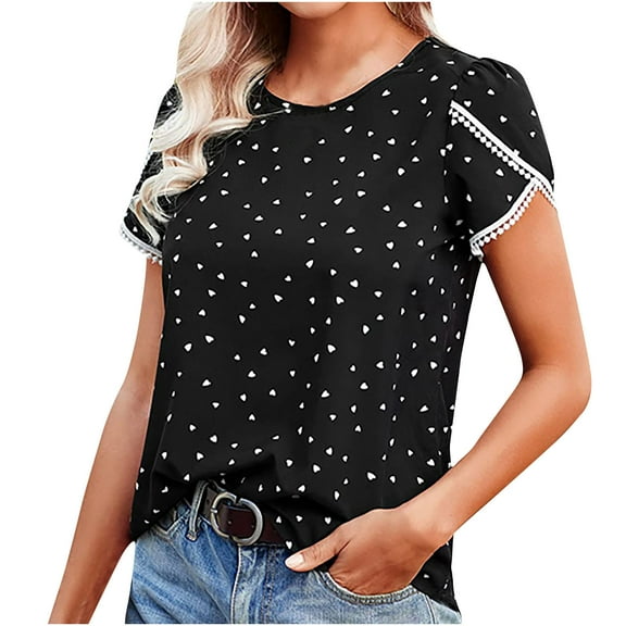 USSUMA Womens Tops Dressy Casual Summer, Summer Tops Polka Dot Shirts Casual Fringe Short Sleeve Top Round Neck Tunic Tops Tee Blouse for Women