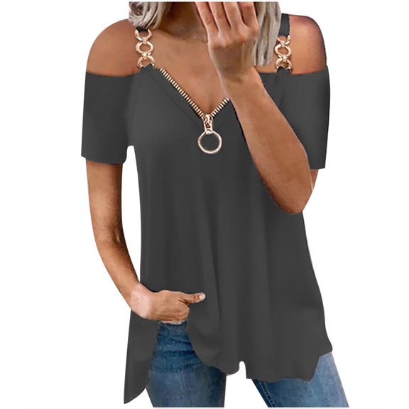 USSUMA Womens Tops Dressy Casual Summer Summer Women 2022 Cold Shoulder Tshirt Tops Casual Sexy Loose Fit V Neck Blouses Fashion Short Sleeve Zipper Tunic Tees